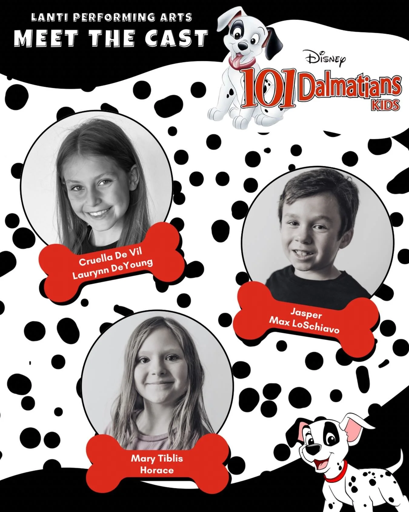 Meet the Cast of 101 Dalmatians Kids! 

All three of these cuties performed in last year&rsquo;s kids production, Seussical Kids! Laurynn played Gertrude, Max played the Mayor of Whoville, and Mary played a Wickersham. We&rsquo;re so excited to watch