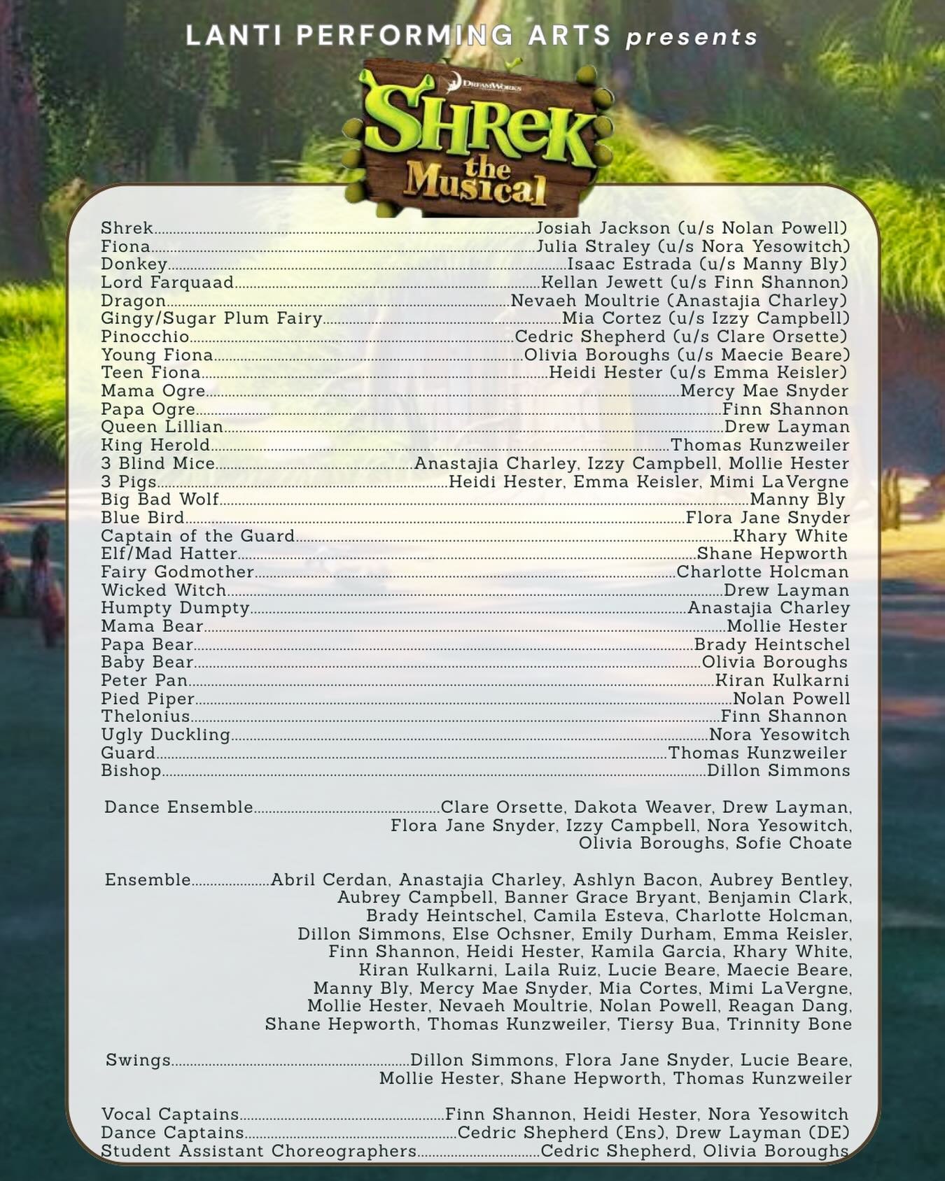 Congratulations to the amazing cast of our Senior Company&rsquo;s production of Shrek the Musical! We&rsquo;re so excited to get things moving and make fairytales come true! 

#Lanti #musicaltheatre #communitytheatre #shrekmusical #castannouncement