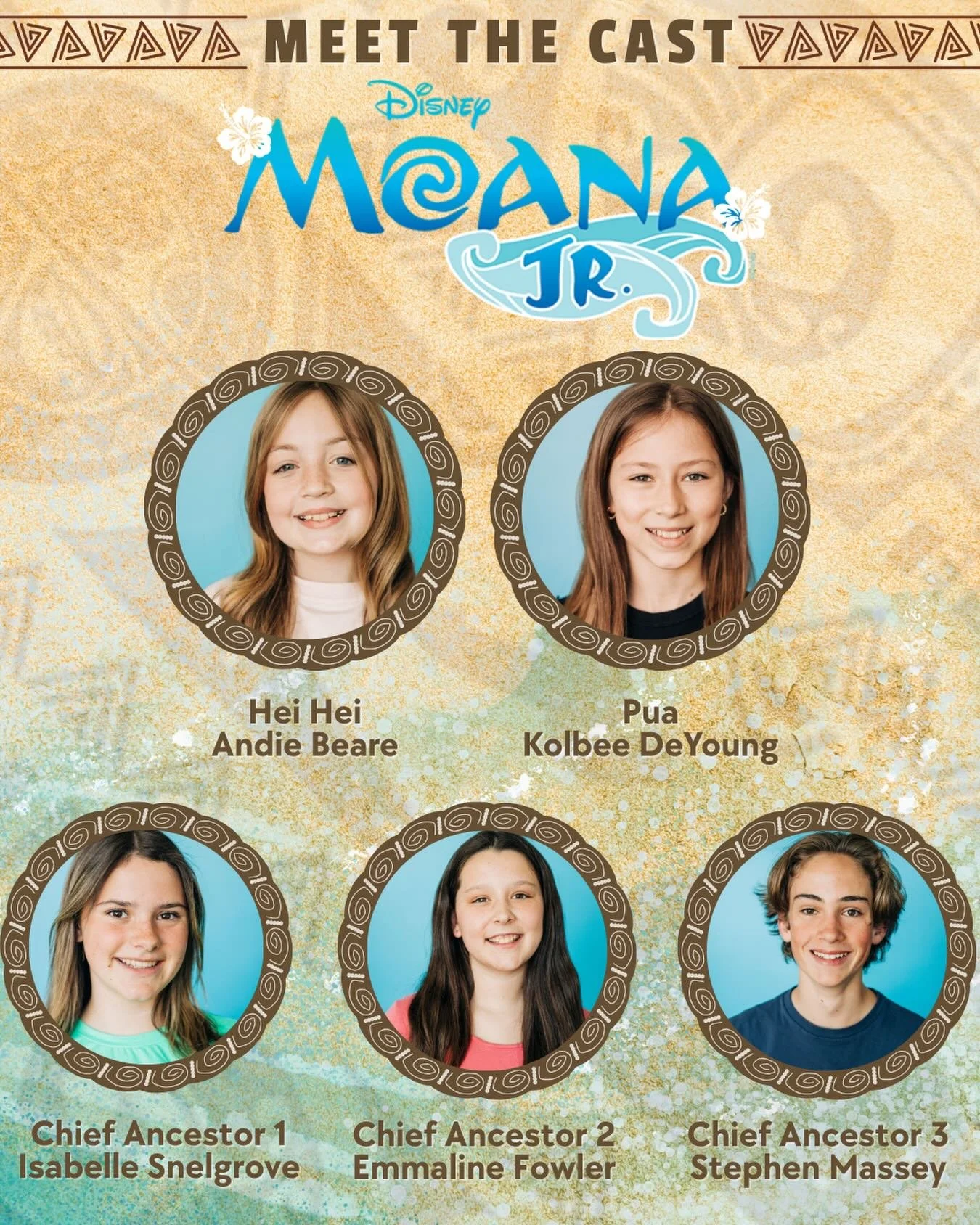 Meet the Cast of Moana Jr.! 

Andie is a 4th grader who has been performing for 3 years! In her free time you can find her doing handstands, hanging out with friends, or at church activities. She&rsquo;s excited to share the &ldquo;really fun&rdquo; 