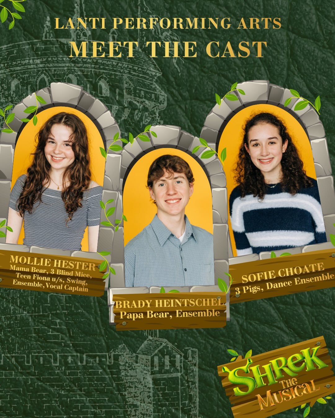 Meet the Cast of Shrek the Musical! 

Mollie is a freshman who enjoys being outside and playing guitar. She was most recently seen in Alice By Heart (Alice), Little Shop of Horrors (Ens.), and Hadestown (Fate). She&rsquo;s loved putting together a fu