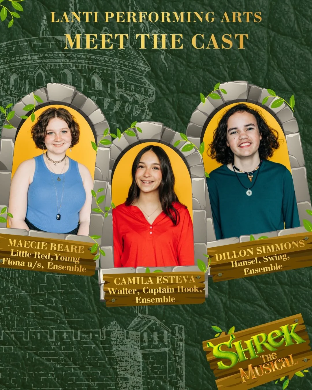 Meet the Cast of Shrek the Musical!&nbsp;

Maecie is a Queens Grant sophomore. Some of her favorite credits include Alice By Heart, Aladdin, Hadestown, and Lion King Jr. In her free time you can find her crocheting, playing D&amp;D, and hanging out w