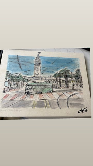 F-Line- Ferry bldg (Mixed Media, 11x14") SOLD