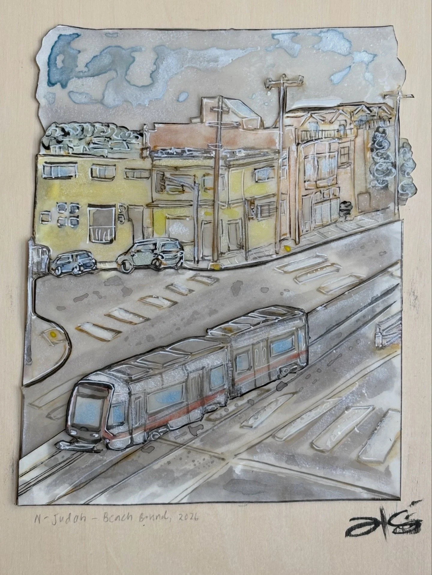 N-Judah- Beach bound (Mixed media, 11x14") 
