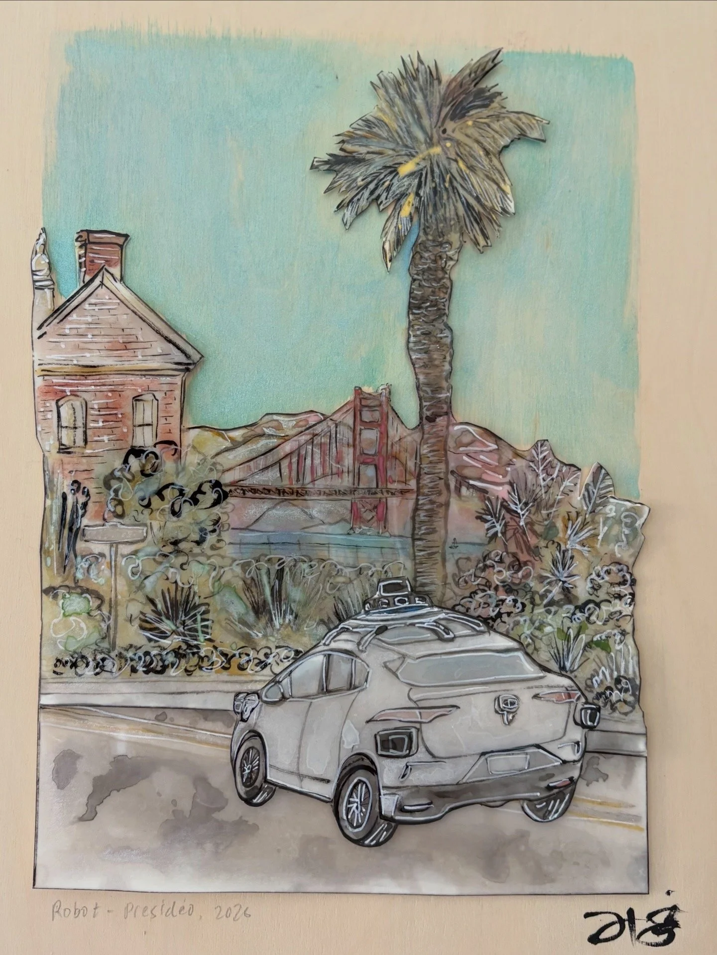 Robot- The Presidio (Mixed media, 11x14") 