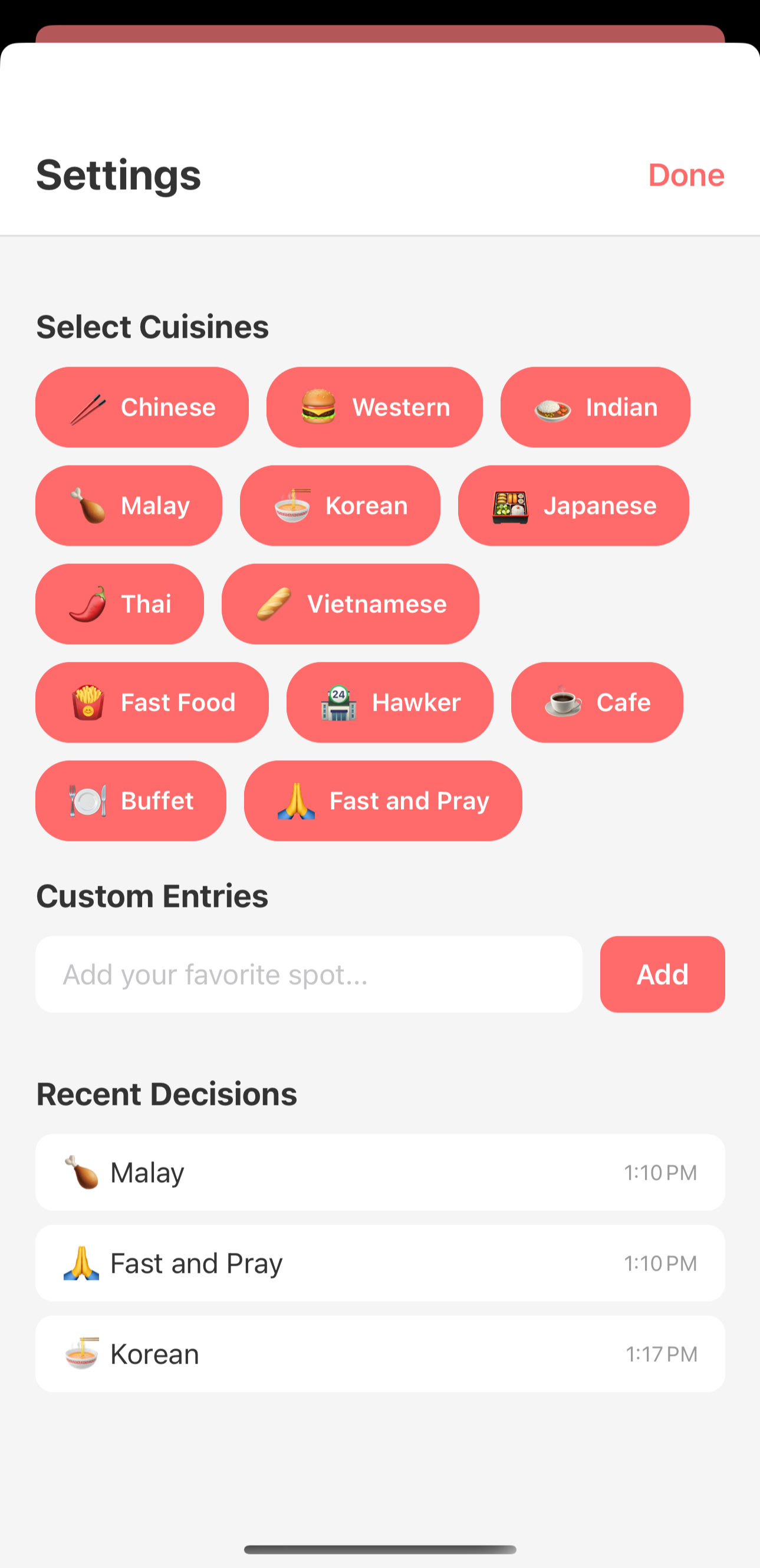 Eat What Ah settings screen with customizable cuisine    options including Chinese, Western, Indian, Malay, and more