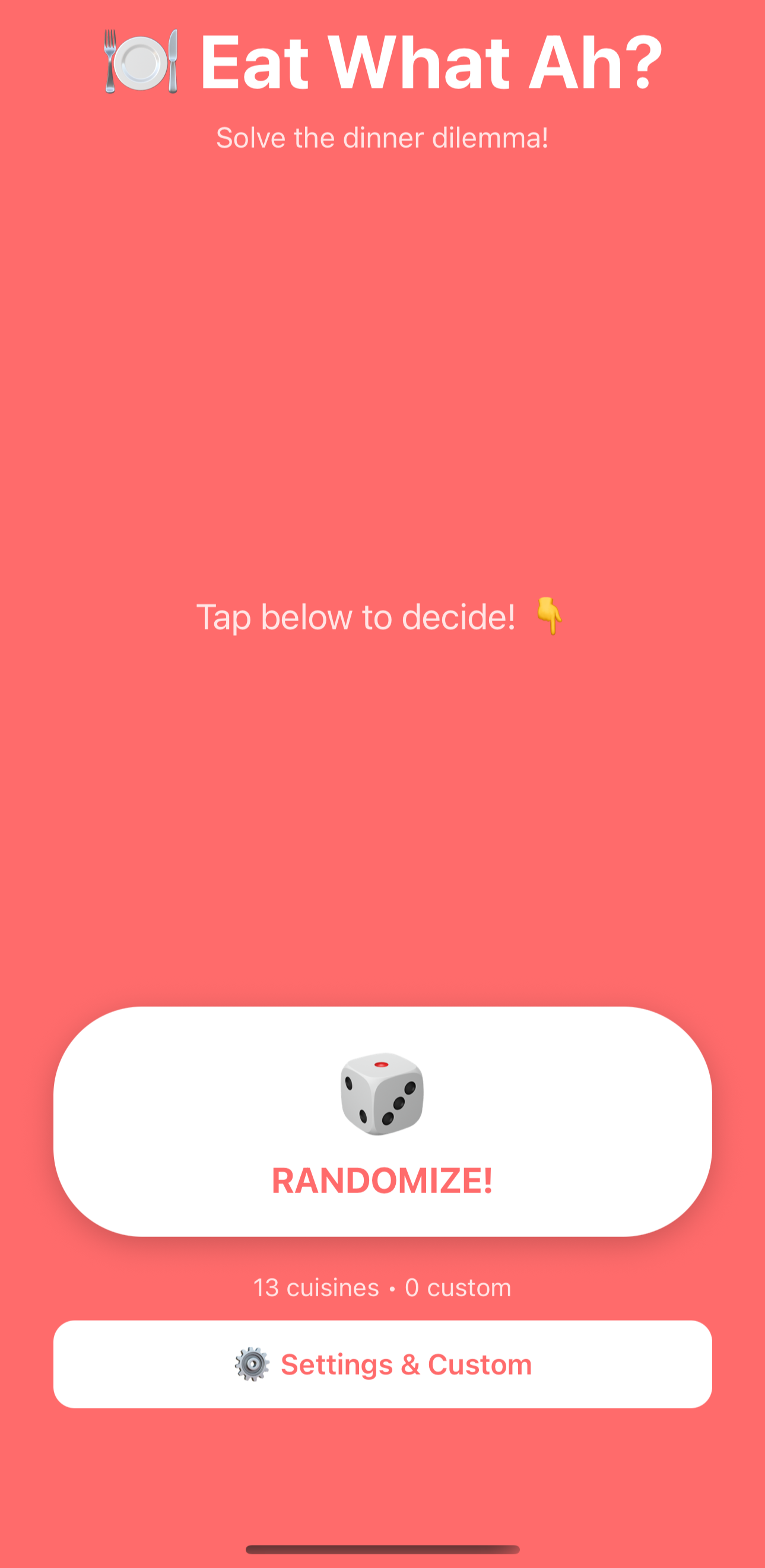 Eat What Ah randomiser screen showing cuisine selection and randomize button