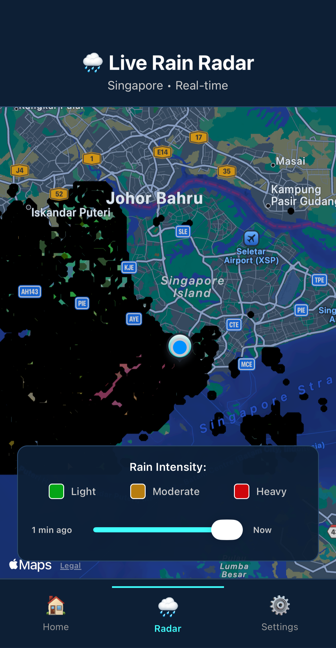 Live rain radar map of Singapore with color-coded rainfall   intensity and timeline slider in WeatherOrNot