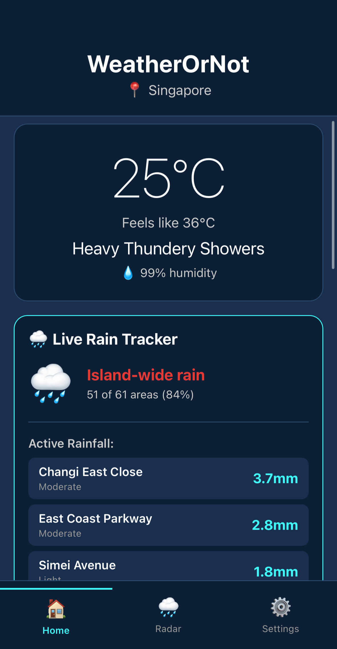 Real-time rain tracking in WeatherOrNot app showing   island-wide rainfall data for Singapore locations