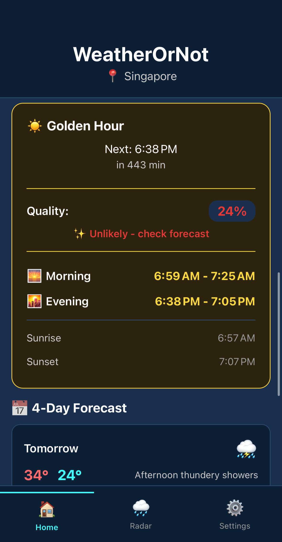 WeatherOrNot golden hour forecast showing quality   predictions and sunrise sunset times for Singapore photographers