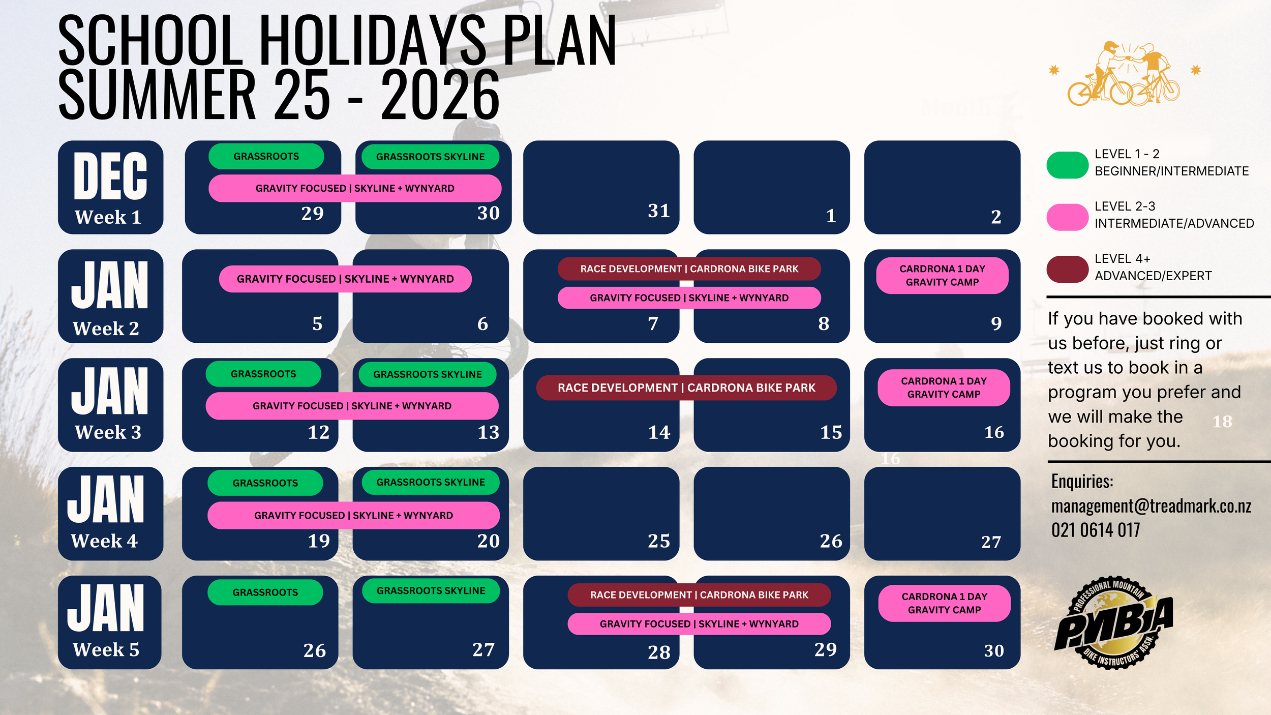 SCHOOL HOLIDAYS CALENDAR 25-26 MTB school holidays. kids mountain bike lessons