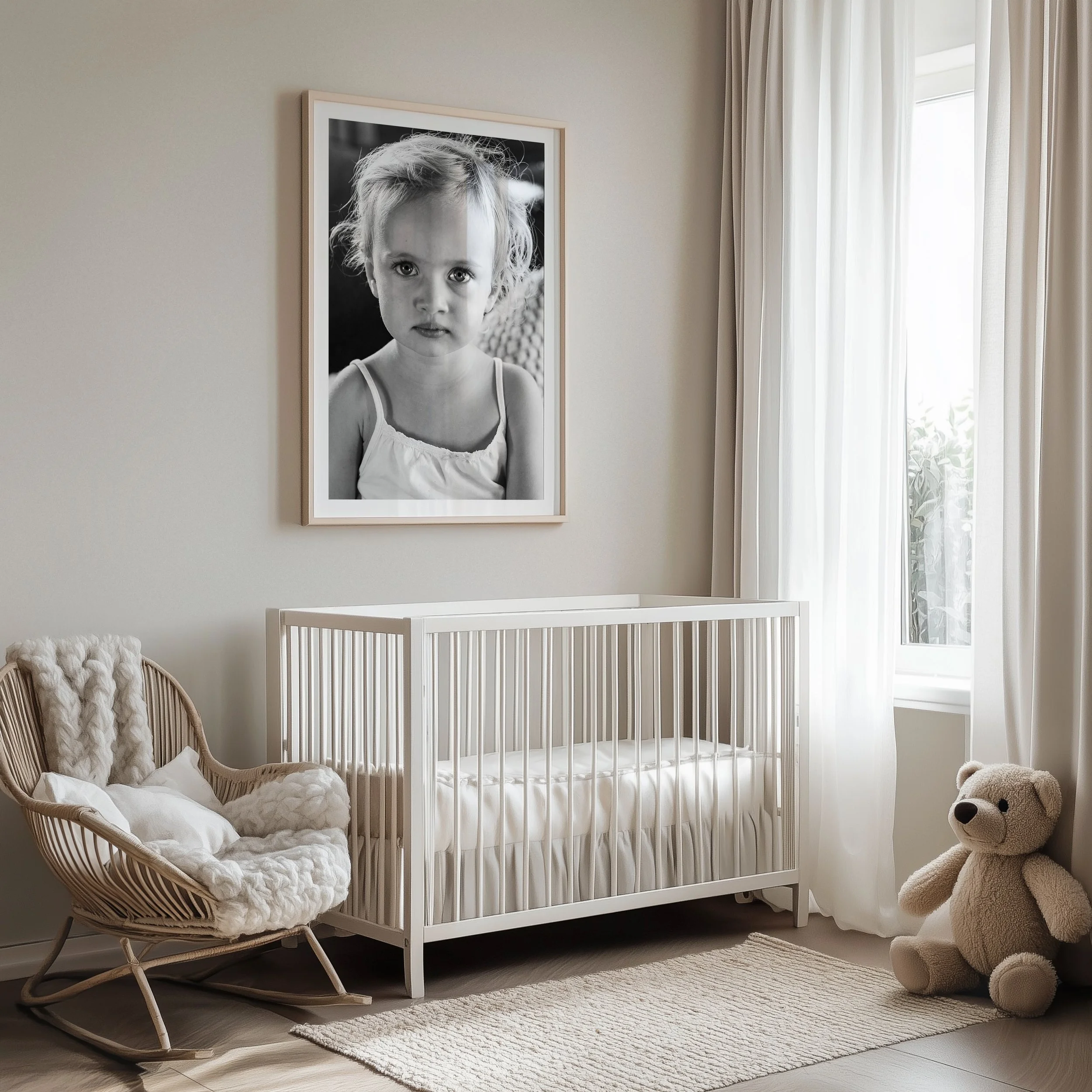 Ein modernes Kinderzimmer mit einem weißen Gitterbett, einem bequemen Korbstuhl mit Kissen, einem großen Teddy und einem schwarz-weiß-Porträt eines kleinen Mädchens an der Wand, vor einem Fenster mit weißen Vorhängen.