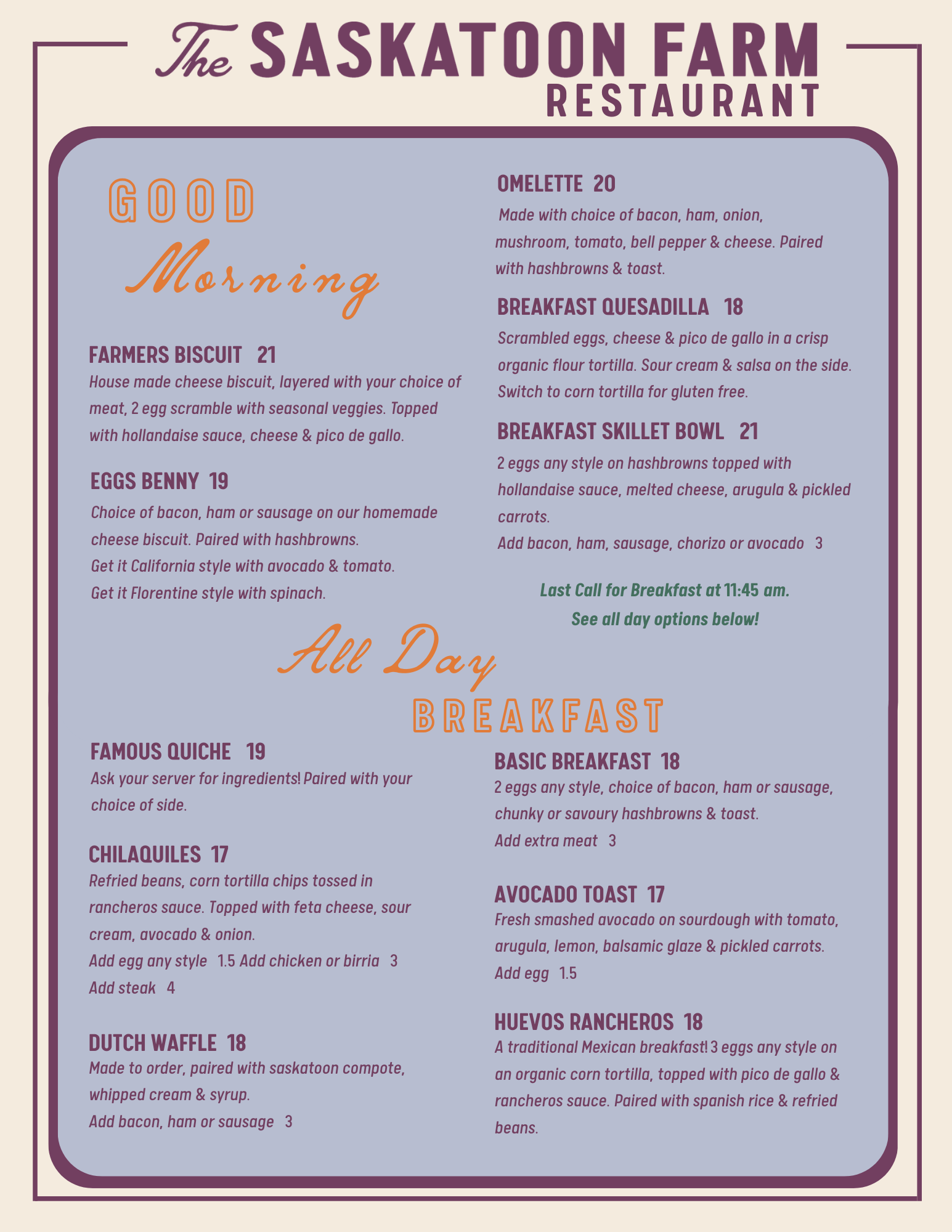 Menu of The Saskatoon Farm Restaurant featuring breakfast options, including omelette, breakfast quesadilla, breakfast skillet bowl, and various others such as farmers biscuit, eggs Benny, and chilaquiles.