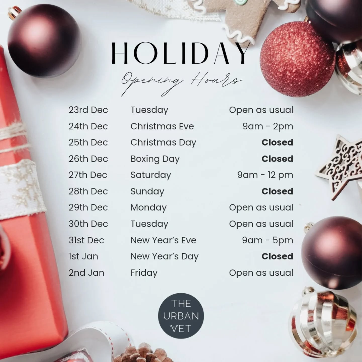 Feast your eyes on our holiday opening times 2025 🎅 ❄️ 🎄 🎆 
-
-
- #theurbanvet #independentveterinarypractice #earlsfield #wimbledon #balham #clapham #christmasopeninghours #holidayseason #openingtimes