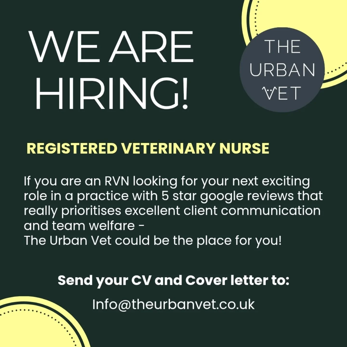 We are #hiring 📣  a new Registered Veterinary Nurse to join our brilliant, independent team at The Urban Vet!  Send your CV and cover letter to info@theurbanvet.co.uk or apply via Indeed through the link in our bio! 

#earlsfield #wimbledon #balham 