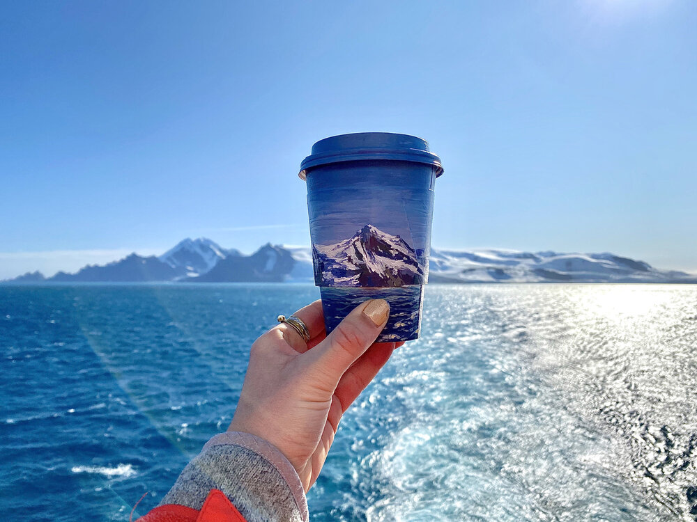   Cup of Antartica , Acrylic on disposable coffee cup found aboard the ship Elephant Island, Antartica, 2020, Epson Print on Watercolor Paper, 18”x20” 