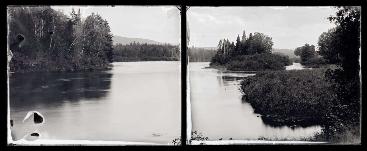   Michael Kolster,  Seven Islands , 13 Mile Woods, New Hampshire, Androscoggin River , 2013, two 8”x10” ambrotypes mounted to black acrylic within 14” x 25” frame &nbsp;     $6,000   
