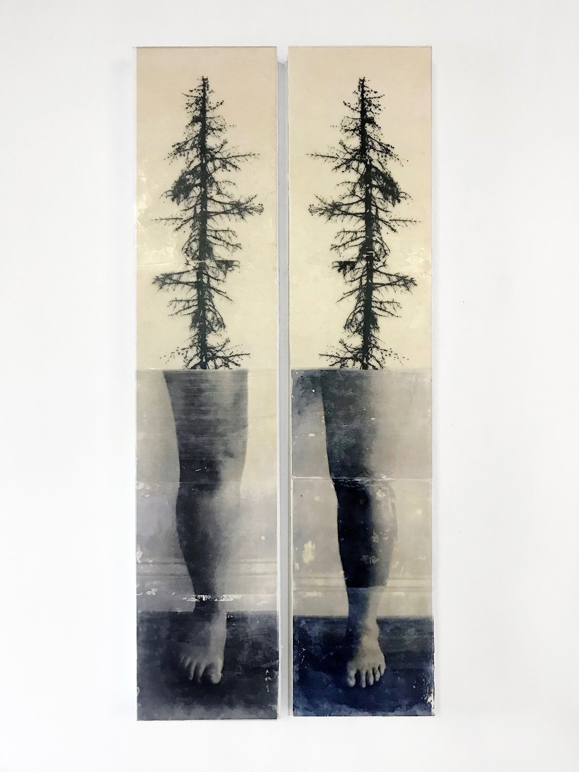  Jessica Burko,  Here We Stand , 2017, Found wood with image transfers in encaustic, 54 x 11.5 inches, Purchase: $2,600 