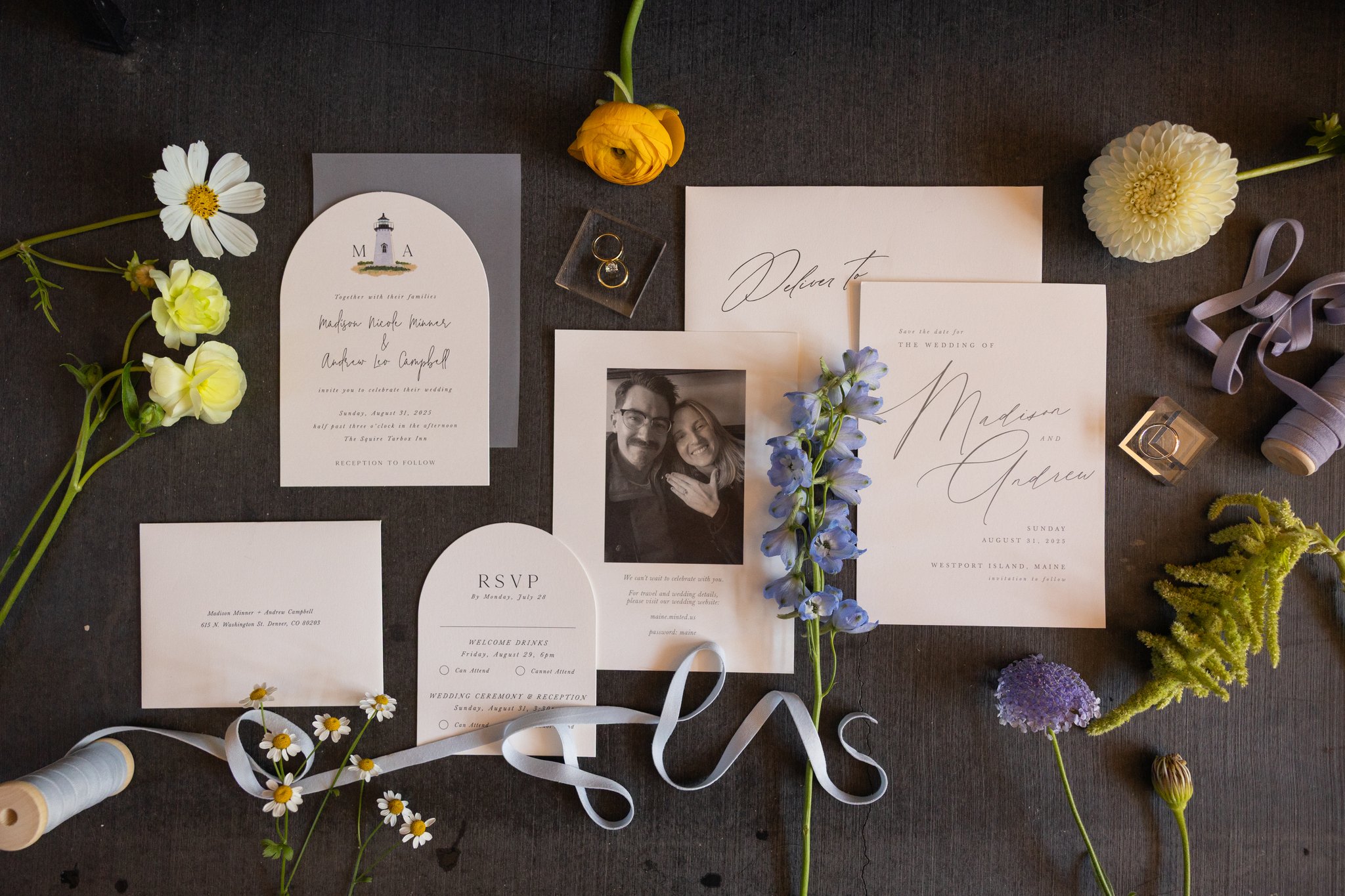 Maine wedding flat lay with pastel flowers by Celadon Floral