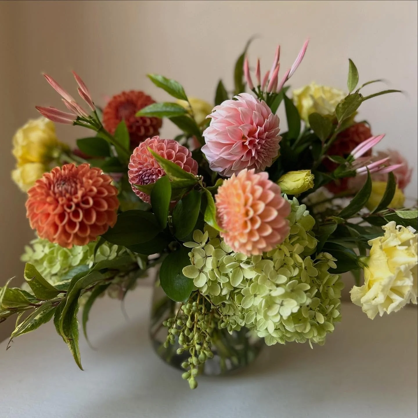 Flowers to celebrate a new baby. 

Locally grown Lisianthus, Dahlias and Hydrangea with imported Leucothoe, Privet Berries and Nerine Lilies.