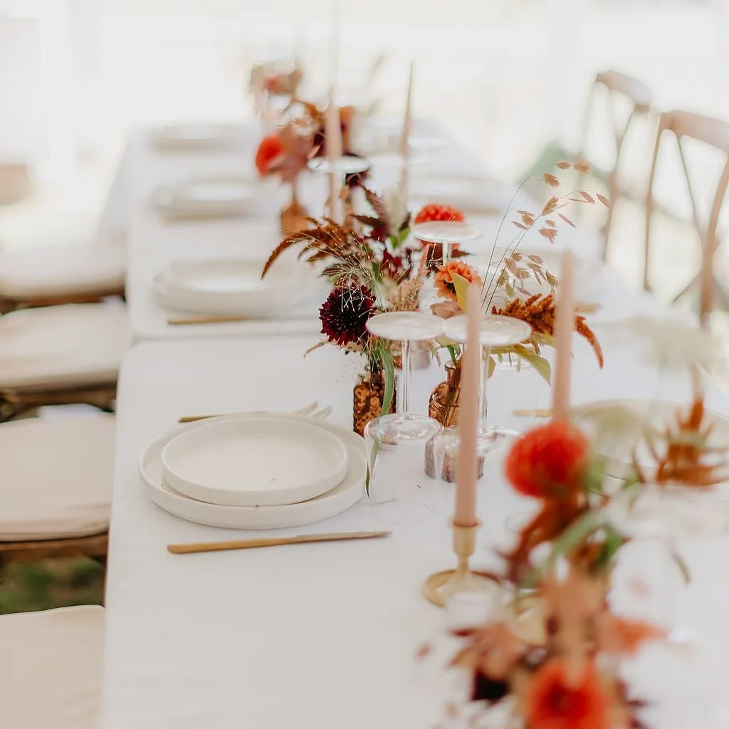 You don&rsquo;t need much to create impact. 

Crisp white linens, neutral taper candles, and sophisticated place settings create a stark backdrop for boldly colored, texture-heavy bud vase arrangements. 

Venue: @livewellfarm 
Day of Coordinator: @br
