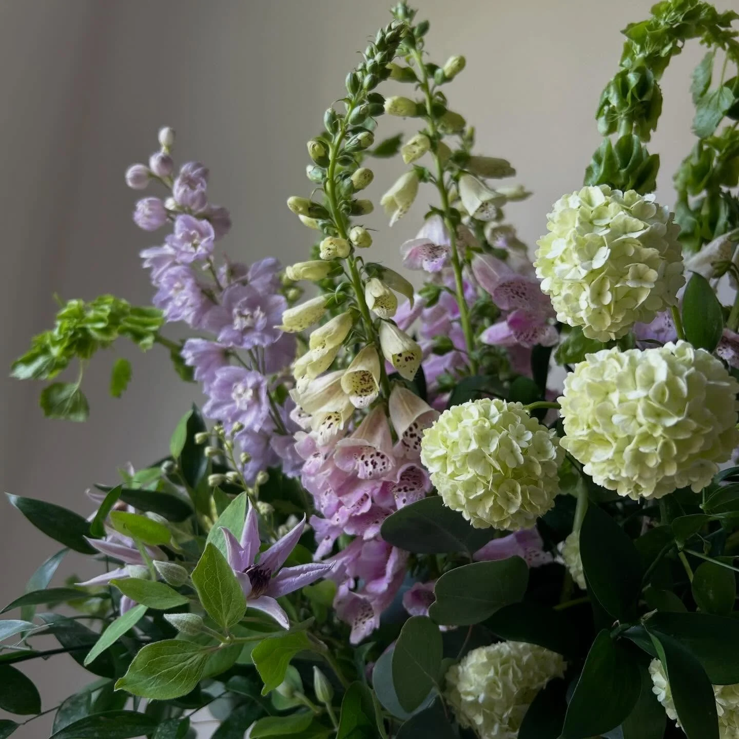 There&rsquo;s no competing with locally grown flowers. Look at these Viburnum, Delphinium and Foxglove- they&rsquo;re flawless!