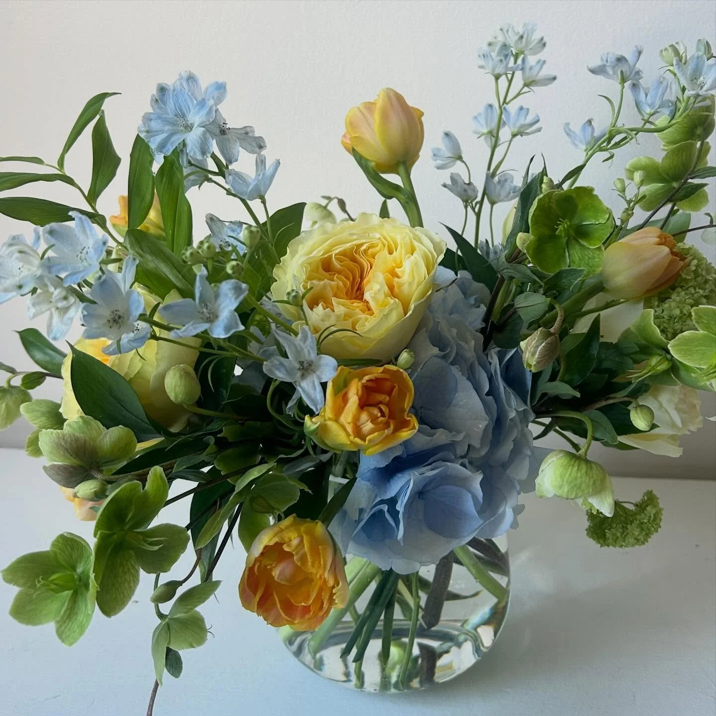 &lsquo;Charming Beauty&rsquo; double Tulips grown by @peasehillfarm with &lsquo;Antonia&rsquo; Roses, Hellebore, Viburnum, &lsquo;Belladonna Sky Blue&rsquo; Delphinium, and &lsquo;Royal Grandeur Blue&rsquo; Hydrangea.