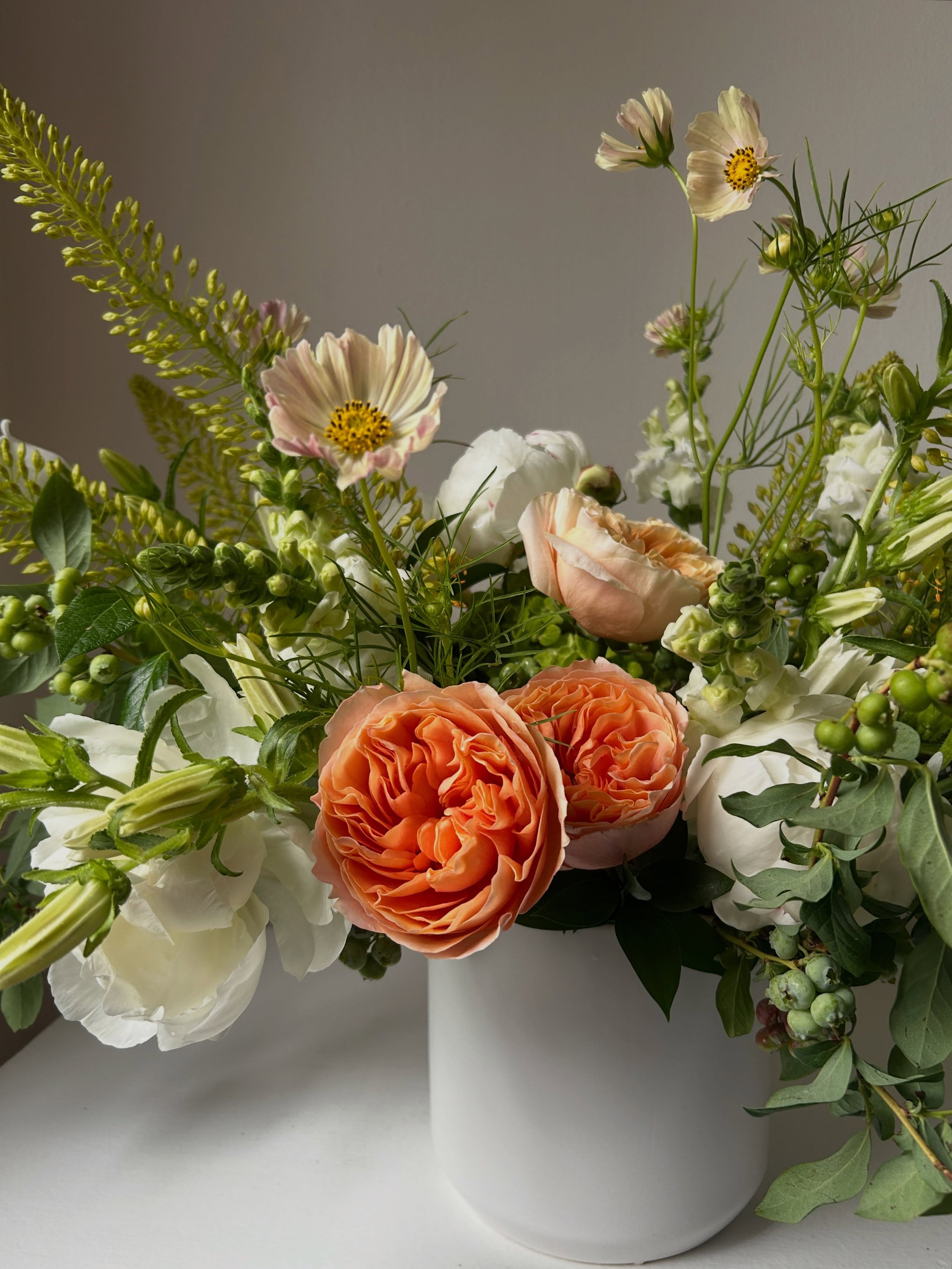 Anniversary flowers

Eremurus, peonies and snapdragons grown by @grounded_seed_flower_farm 

Campanula grown by @ferrisfarmflowers 
Cosmos grown by @bumblerootorganicfarm 
High bush blueberry branches grown by @rivard.farm via @maineflowercollective