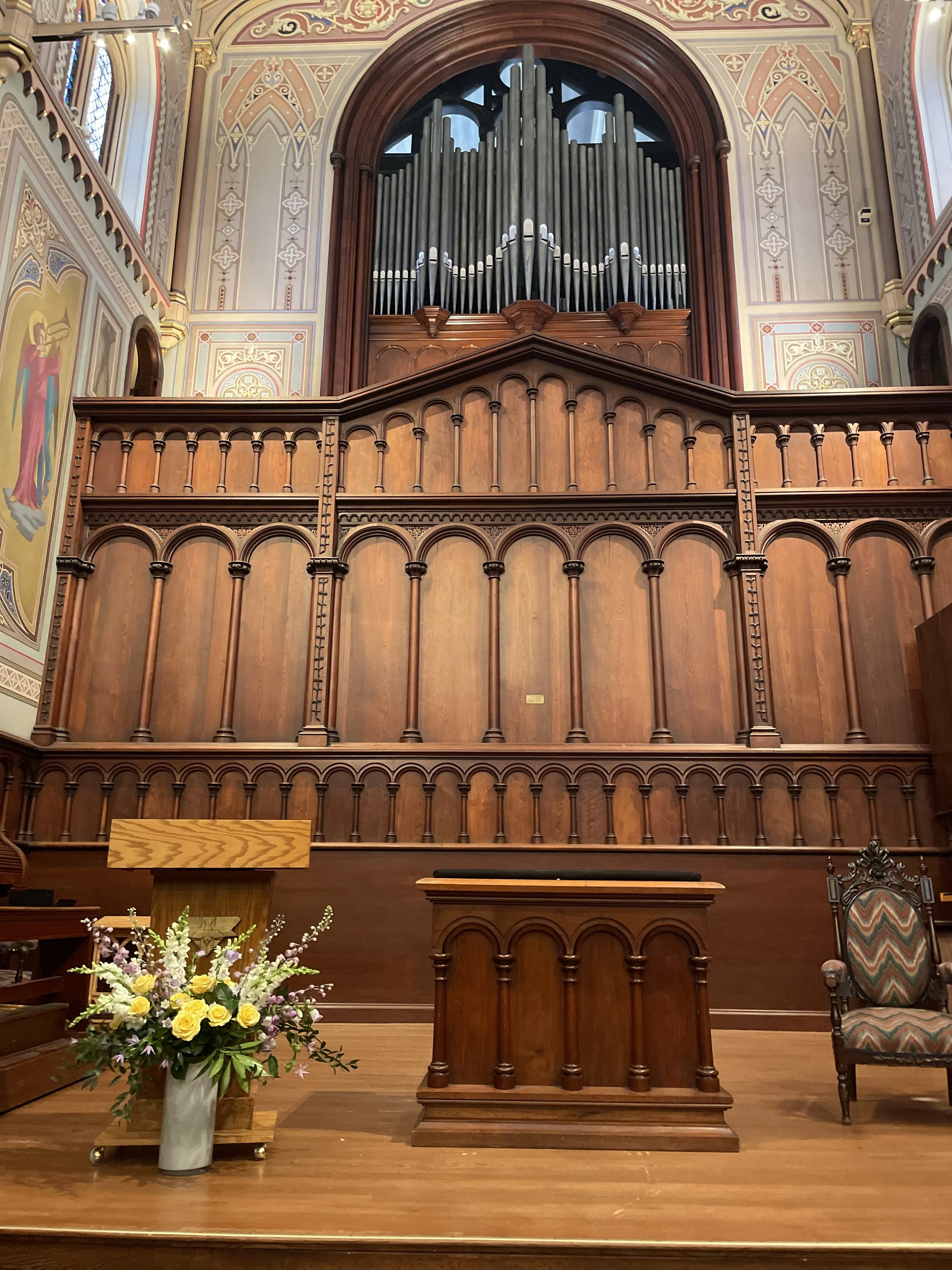 Memorial flowers for a service at the Bowdoin College Chapel