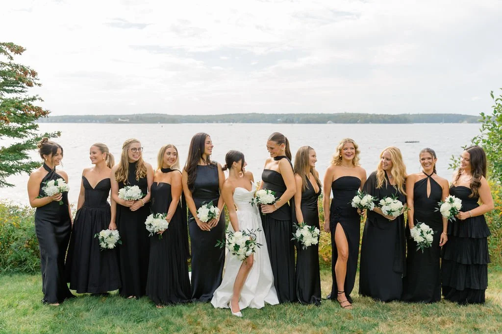 Black Tie Wedding at Spruce Point Inn in Boothbay Harbor with chic florals by Maine florist Celadon Floral.
