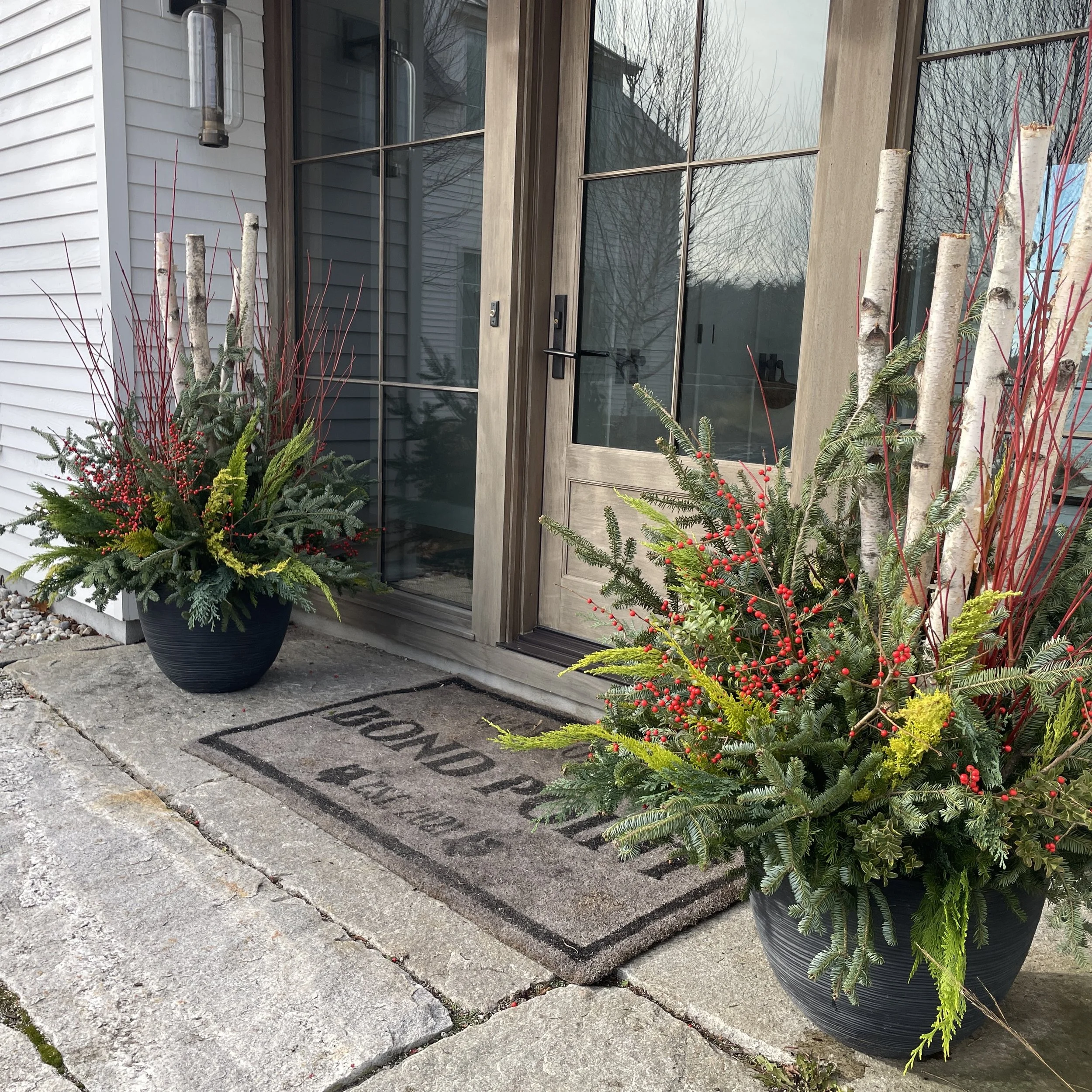 Decorative holiday arrangements with pine branches, red berries, and white birch branches in black pots placed on either side of a front door with a 'Welcome' doormat in a residential outdoor setting.
