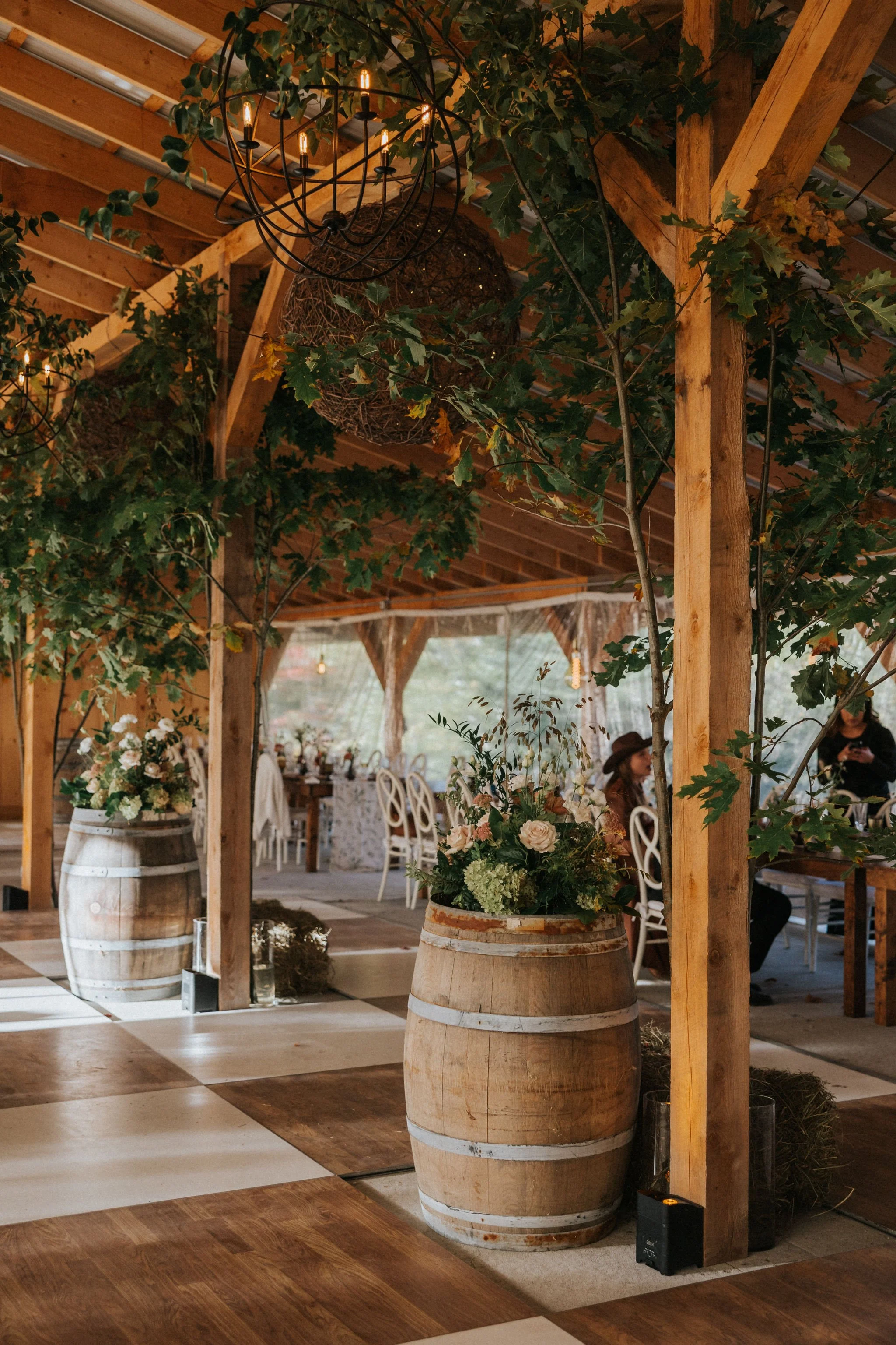 rustic barn wedding reception flower arrangements by Maine wedding florist Celadon Floral
