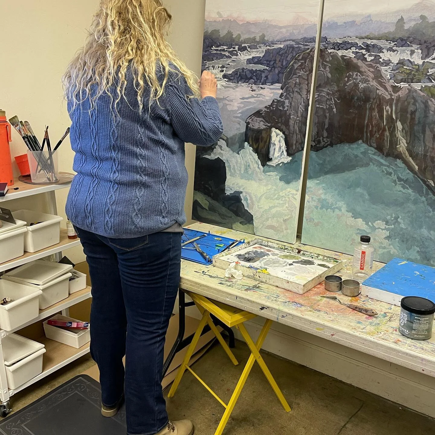 Our Artist in Residence is creating the most stunning painting of Great Falls - come call in and see it !  Such talent