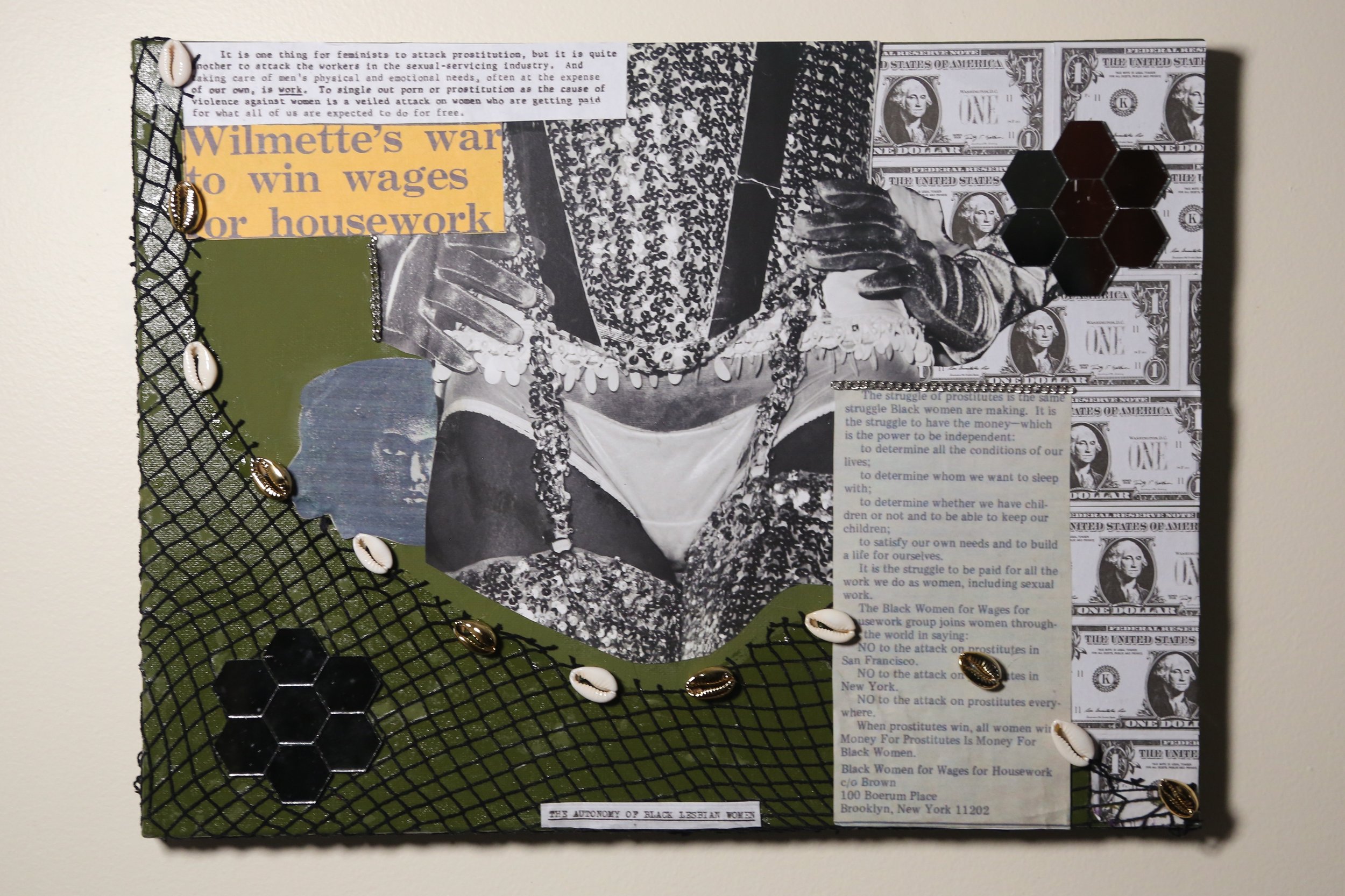 Multimedia Collage that contains:  cowrie shells, mirrors, fishnet fabric, clippings from New York Underground by Veretta Cobler, copies from Willmette Brown's biographic files and Black Women for Wages for Housework organization files.