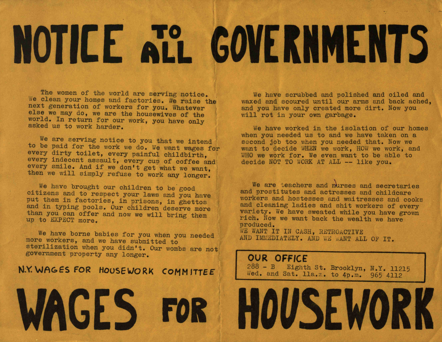 Wages Due Lesbians, Wages for Housework Committee. November 10, 1975-October 11, 1985. MS Organization Files from the Lesbian Herstory Archives ORGFIL1525. Lesbian Herstory Archives. Archives of Sexuality and Gender.