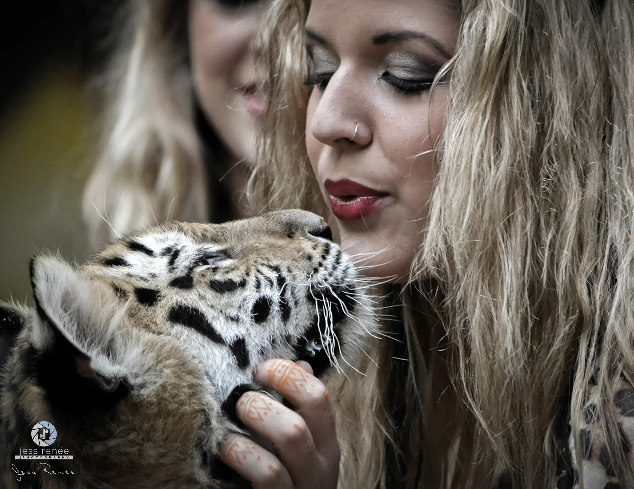 Performer at King Richard's Fair from Myrtle Beach Safari, kissing a tiger cub