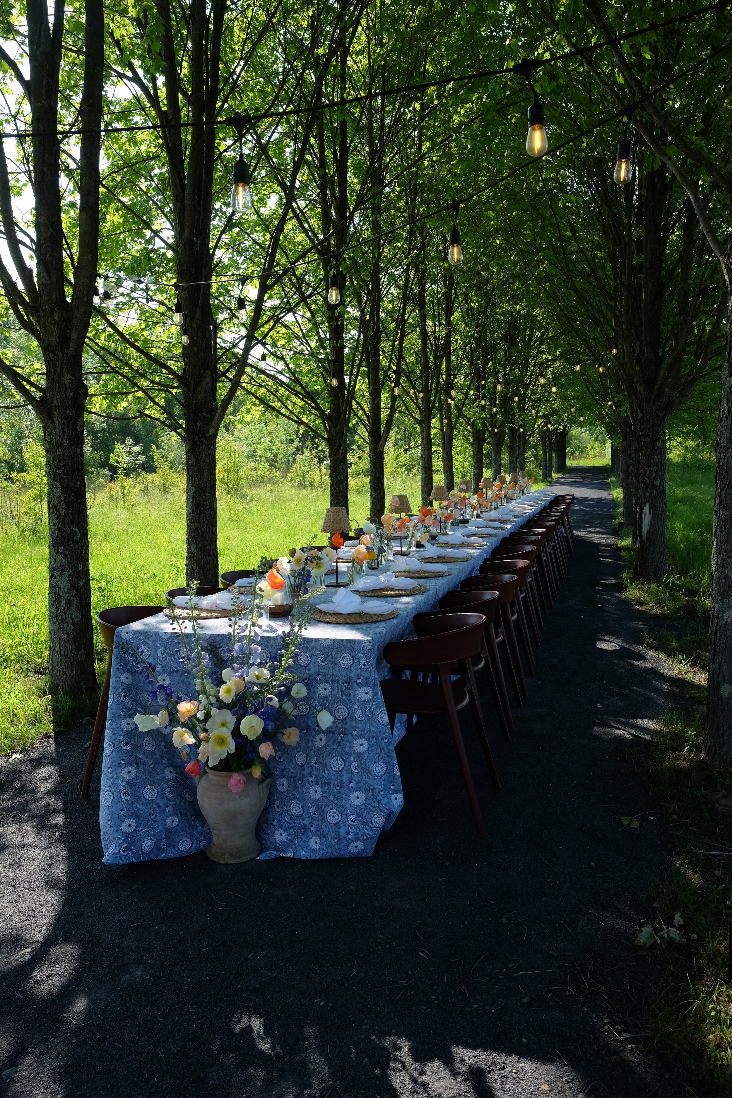 A long outdoor dining table set for a meal under a canopy of trees, with string lights hanging above, decorated with flowers, napkins, and tableware.