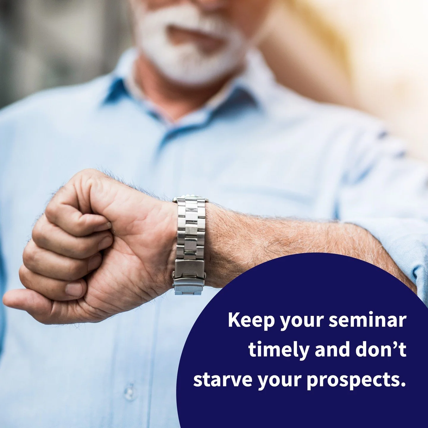 𝗦𝗲𝗺𝗶𝗻𝗮𝗿 𝗧𝗶𝗽

Keep it timely, and do not starve your prospects. We suggest serving the meal after the presentation, giving the appointment setters plenty of time to confirm the appointments. It also allows the presenter to talk with everyone