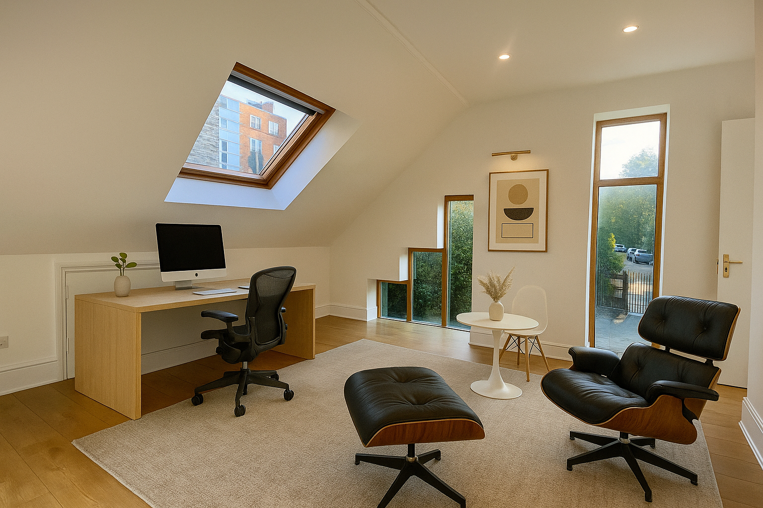 Modern home office with an angled skylight, wooden desk with a computer, black office chair, black leather lounge chair with ottoman, small white side table with a vase, and large windows showing trees outside.