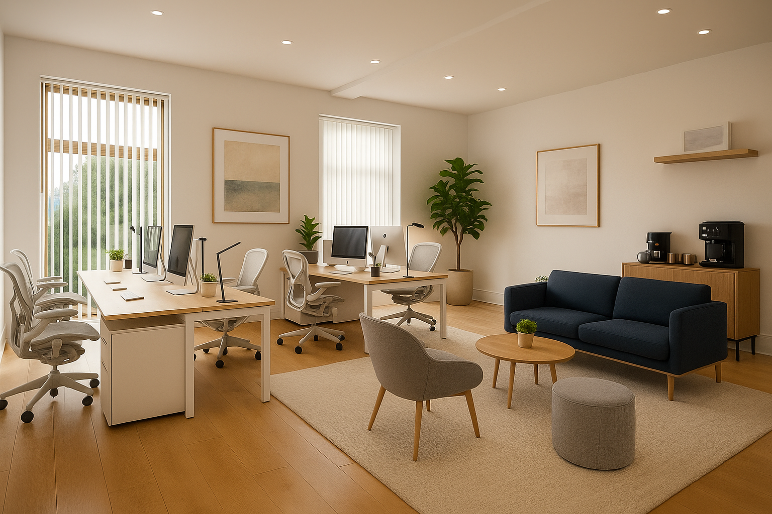 Modern office with multiple desks, ergonomic chairs, desktop computers, and a separate seating area with a blue sofa, gray chairs, and small tables, decorated with framed artwork and indoor plants.