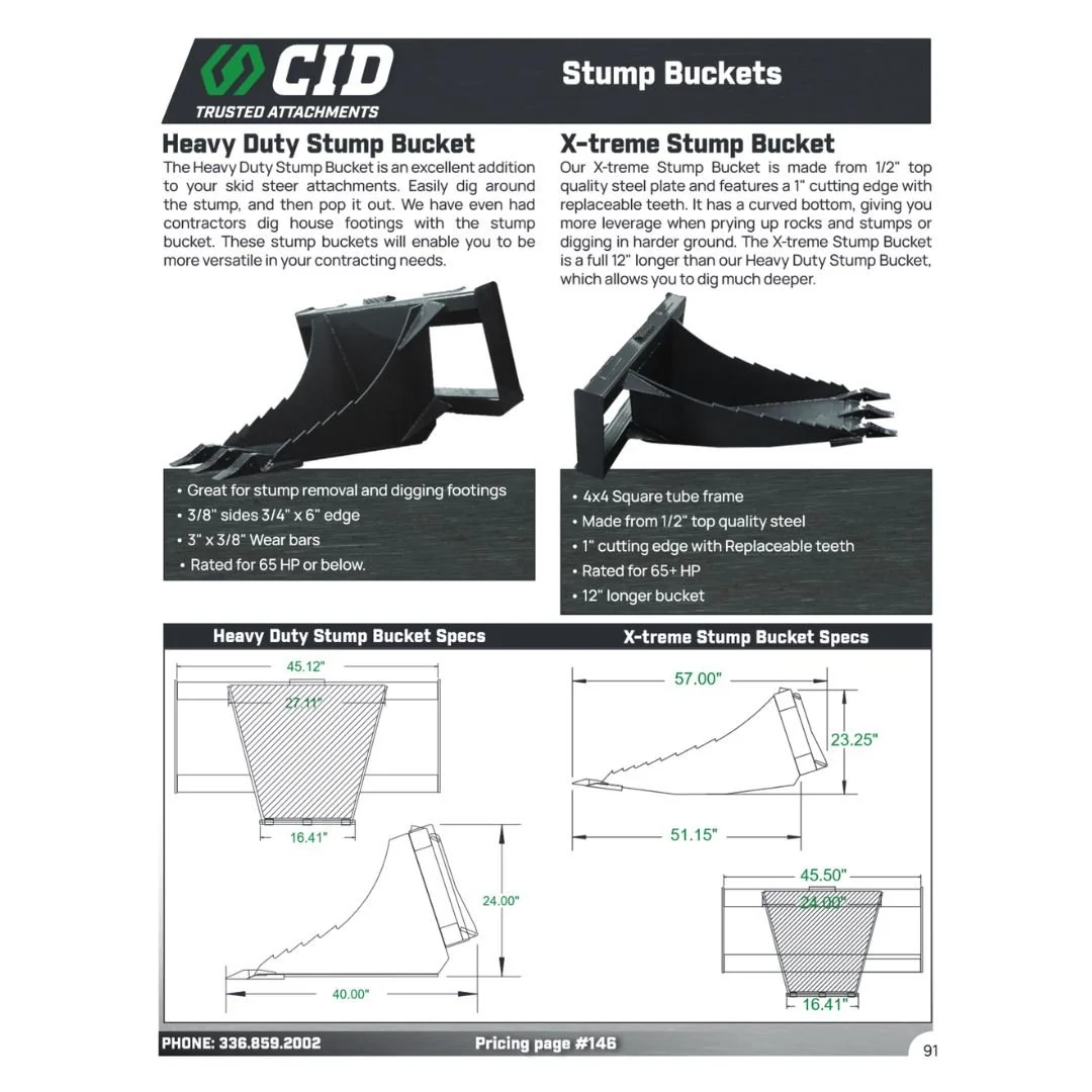 CID X-Treme stump Bucket specs / Blue Best Equipment Sales / Richburg SC