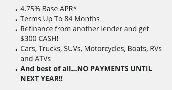 No Payments Until Next Year! During O.B.E.M.O.C.A.T.S. we can make that happen! Apply at www.libertyonecu.com today, this offer is only good through October 31, 2025!
*Base annual percentage rate. Upon approval. Some restrictions apply. Discounts do