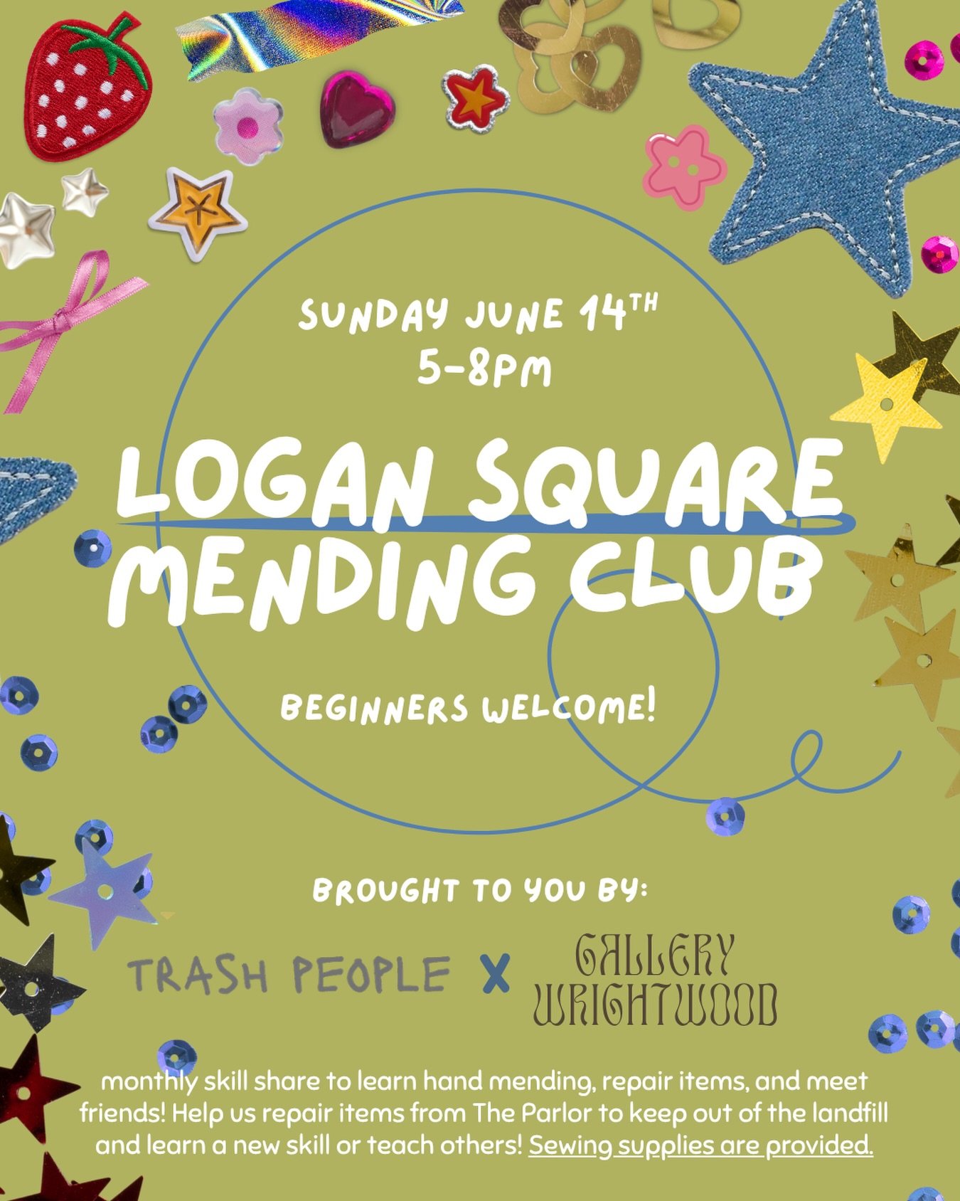 Mending Club is back for June!! ✂️🧵🪡 Come learn hand mending at the Logan Square Mending Club!! We&lsquo;ve got a big bin of items from @theparlorchicago that need repair, and all materials to stitch are provided. Work on your visible mending skill