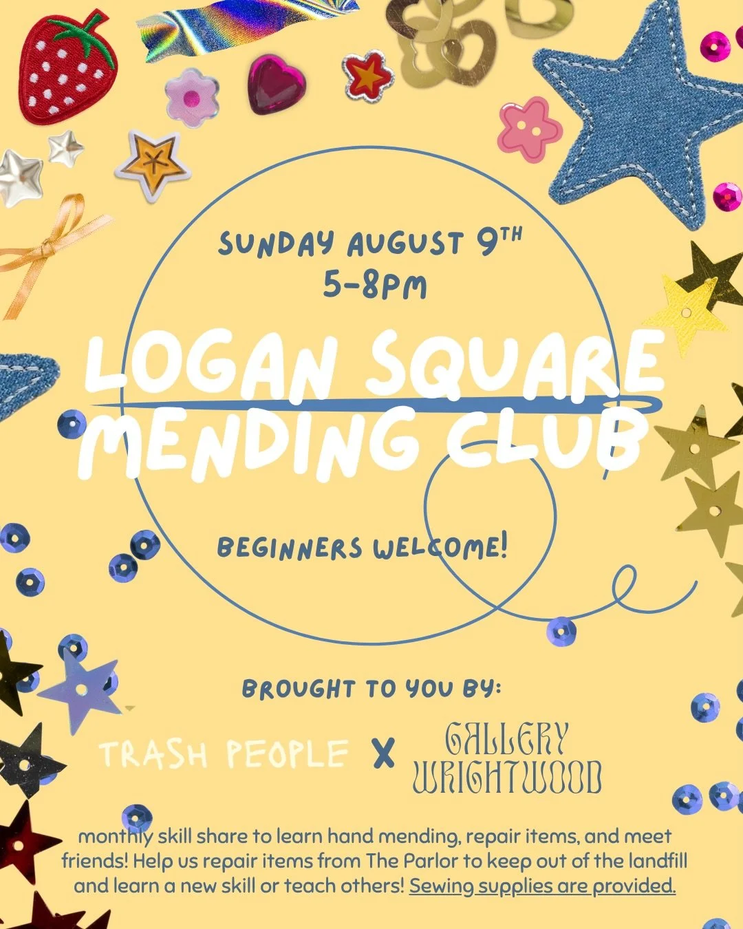 August mending club sign ups have lots of room still, sign up in @gallerywrightwood b!o! Also, our flier is very ✨girlie pop🎀 but please know men and mascs of all kinds are very welcome and valued at mending club!!! ❤️&zwj;🔥

PLUS- directly before 