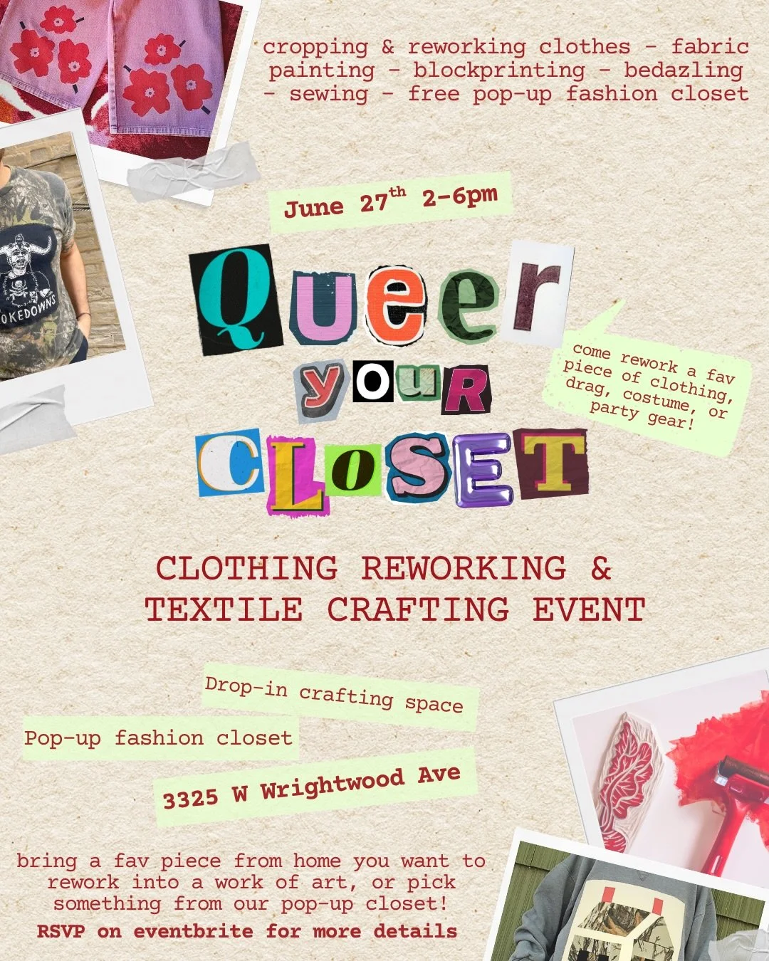 🌈🪞QUEER UR CLOSET🪩🏳️&zwj;⚧️ with a textile crafting day at Gallery Wrightwood! come prep an outfit for the parade the next day or just come join your local neighborhood crafty queers in our chill workshop space if that&rsquo;s more your pride par