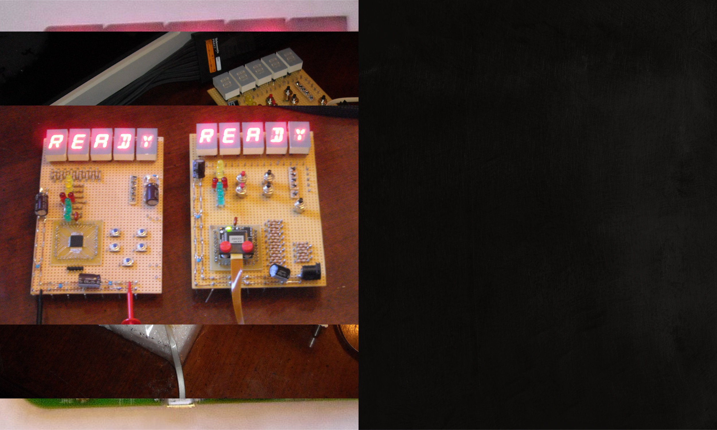  On one mockup (the one on the left here), we soldered an actual microprocessor chip. To the other (the one on the right here), we attached an in-circuit emulator so we could run software from a host PC and see how the system behaved. 