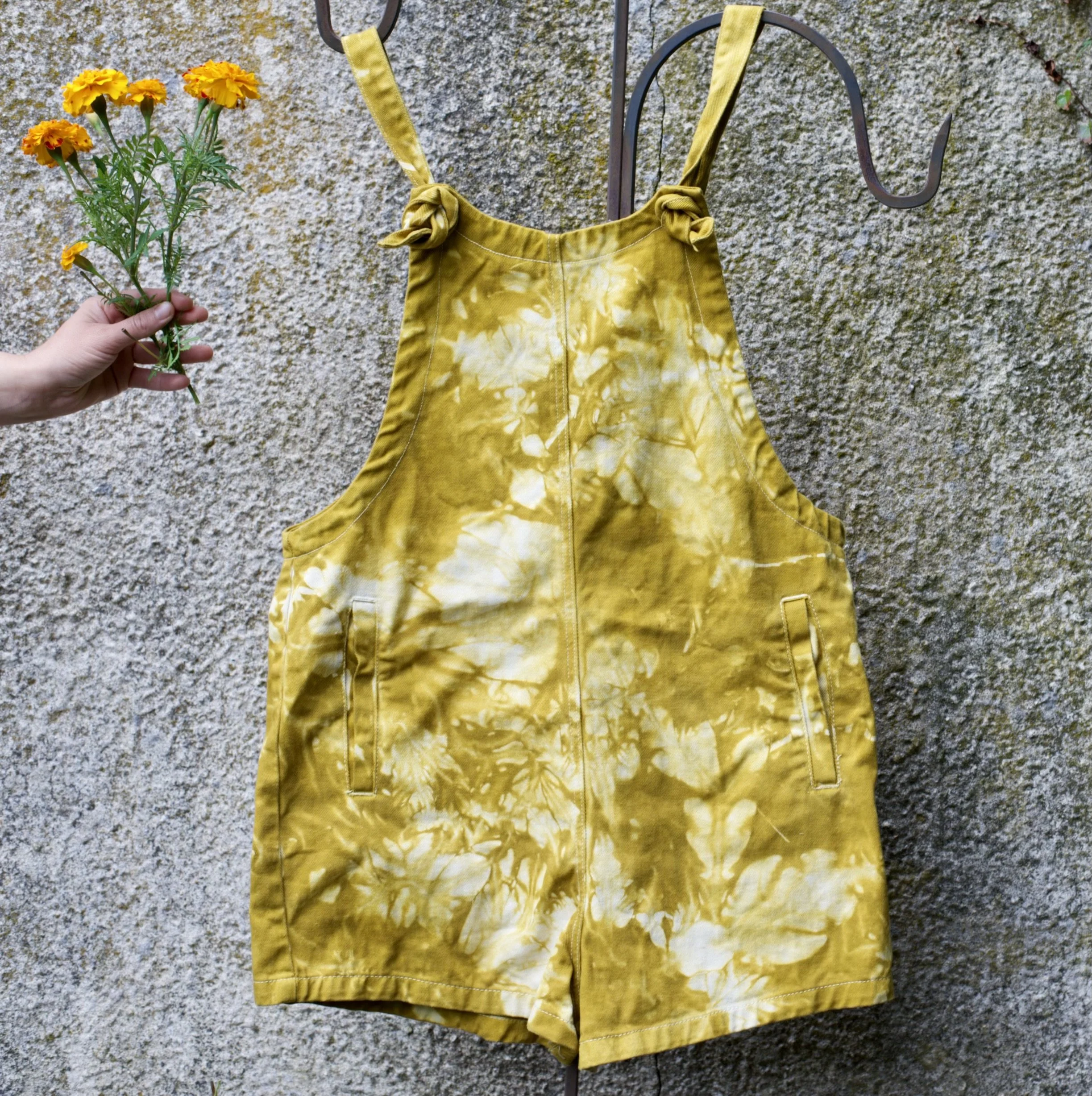 cotton overalls dyed with garden marigolds