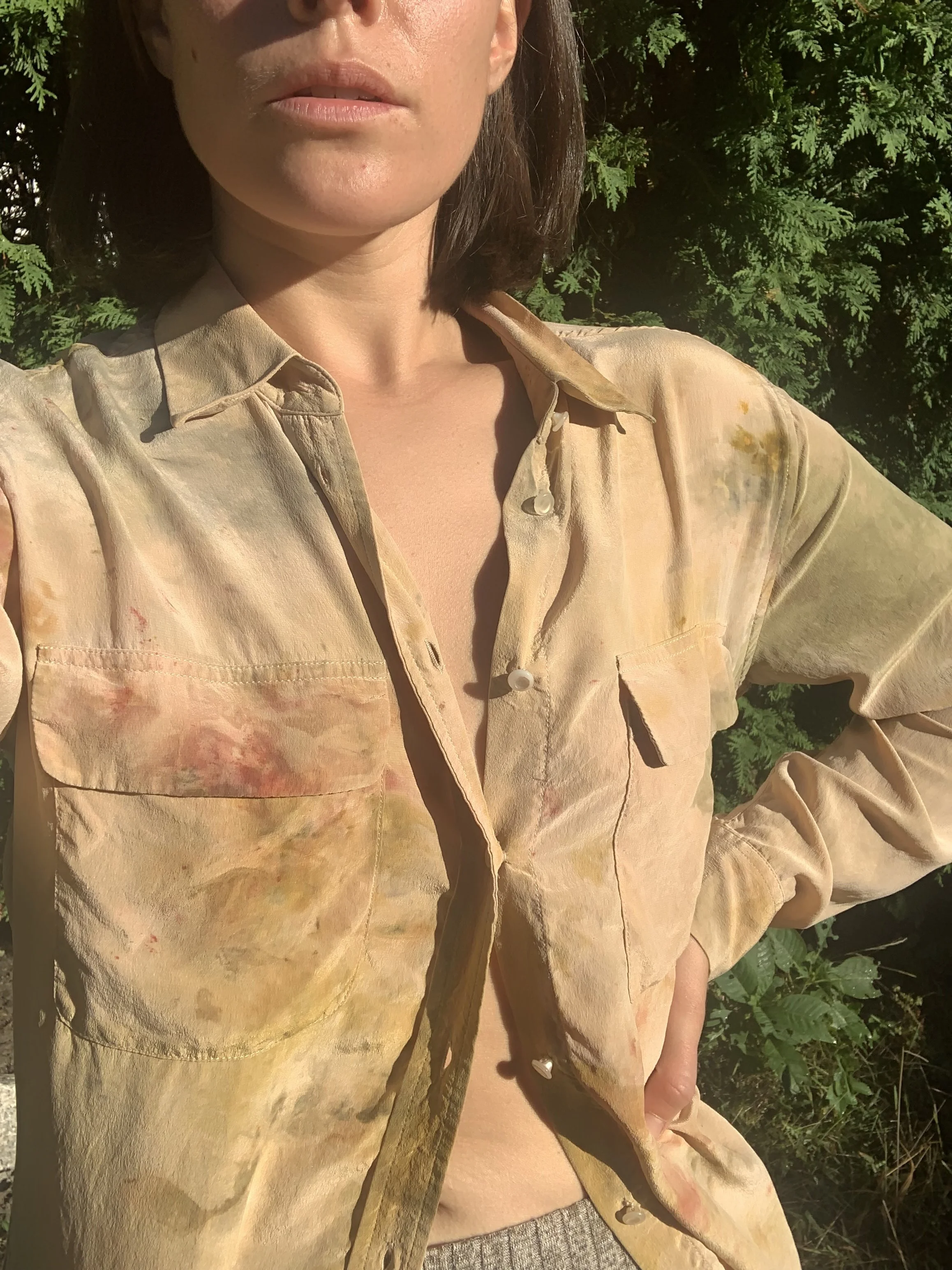 silk top ice dyed with flowers and pigment