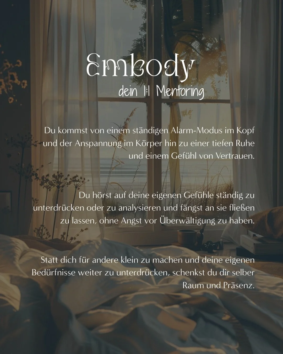 Und genau da setze ich mit Embody an. 
Keine weitere Selbstoptimierung. Nicht nur reines Wissen, sondern wir gehen ins F&uuml;hlen. Wir sp&uuml;ren in die innere Wahrheit. 
Du brauchst keine Vorkenntnisse, nur den Willen f&uuml;r Ver&auml;nderung. 

