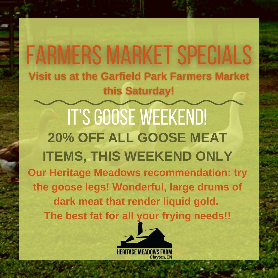 If you saw our post yesterday, then you already know how special our Pilgrim Goose conservation program is to us. 

Come chat with us at the @garfieldparkfarmersmarket Market  about our favorite ways to prepare goose meat, and try some for yourself t