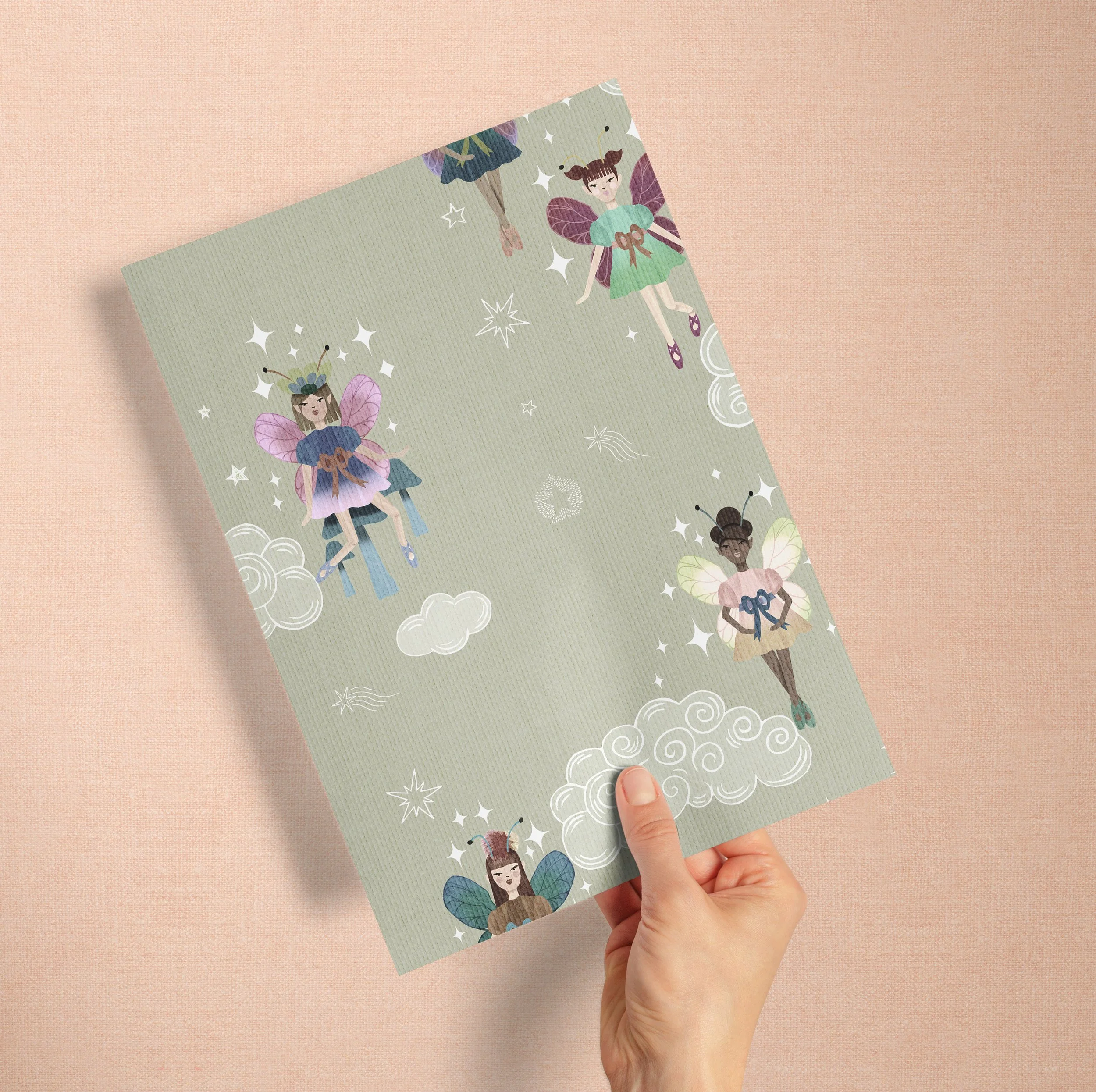 A4 SAMPLE SKY FAIRIES FADED IN PALE OLIVE